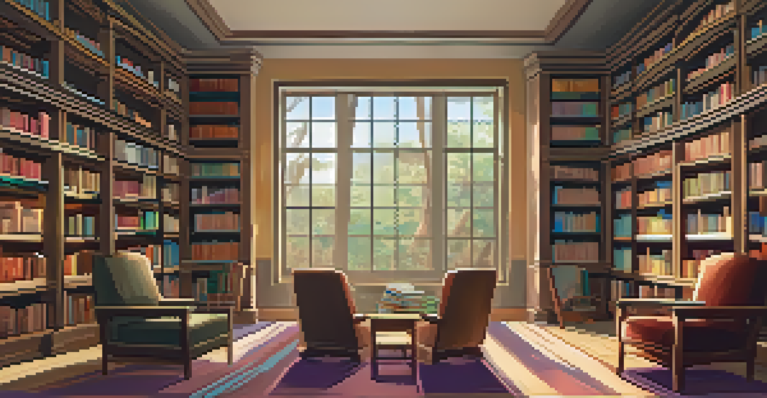 A cozy library interior with large windows, wooden bookshelves filled with books, and a person reading in a plush armchair.