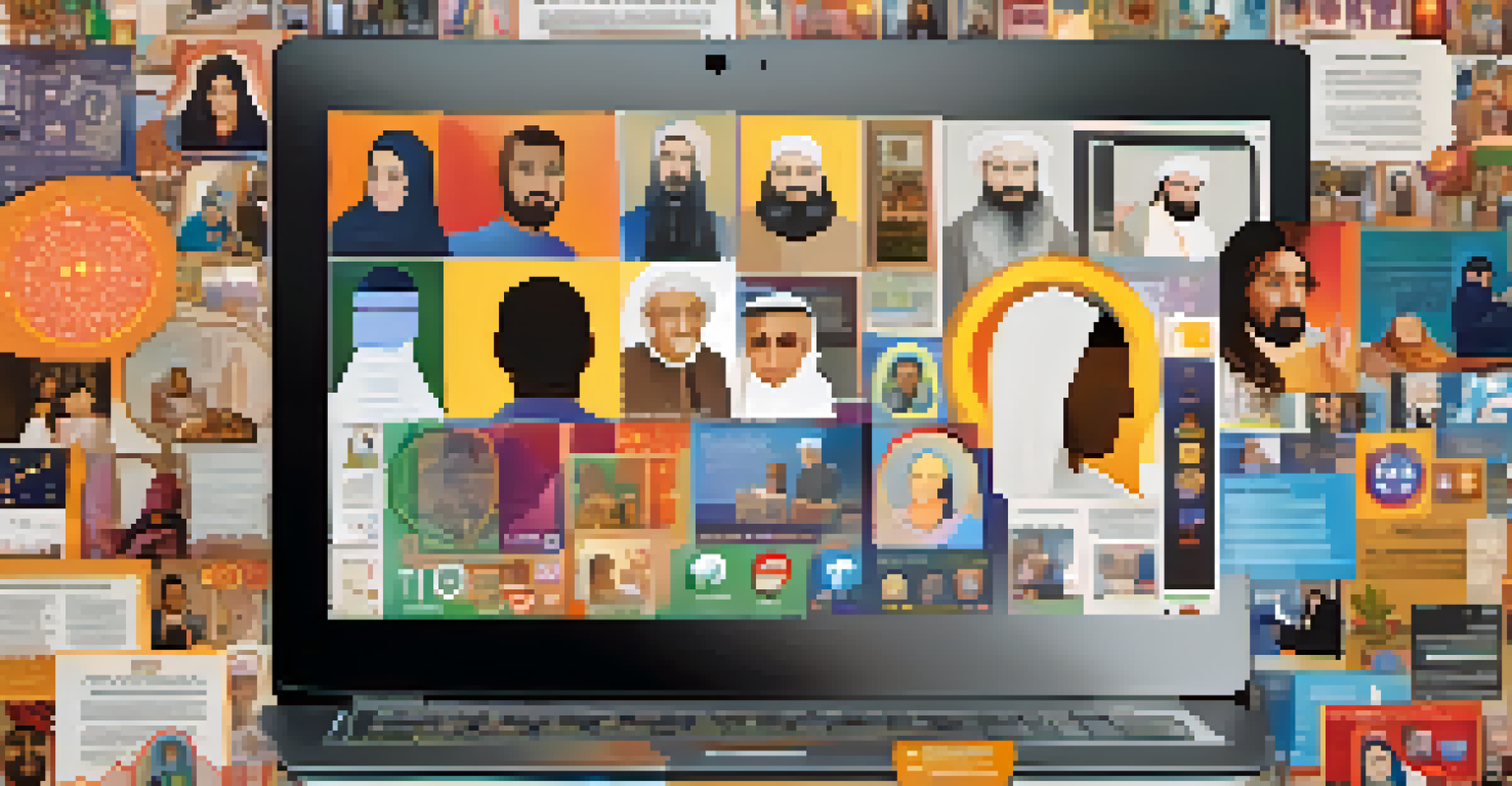 A digital collage showing a laptop screen with a virtual interfaith dialogue, surrounded by religious symbols and social media icons.