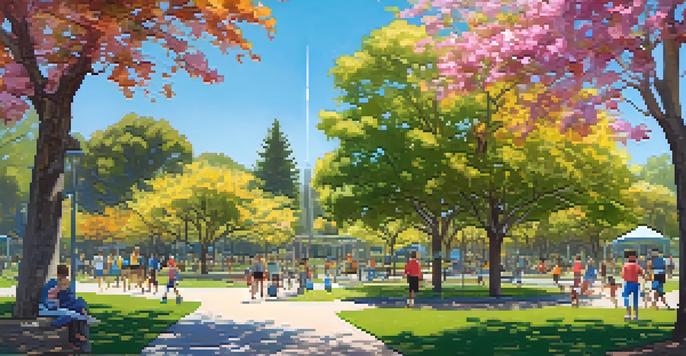 A lively community park in Cupertino with families, children playing, and beautiful landscaping.