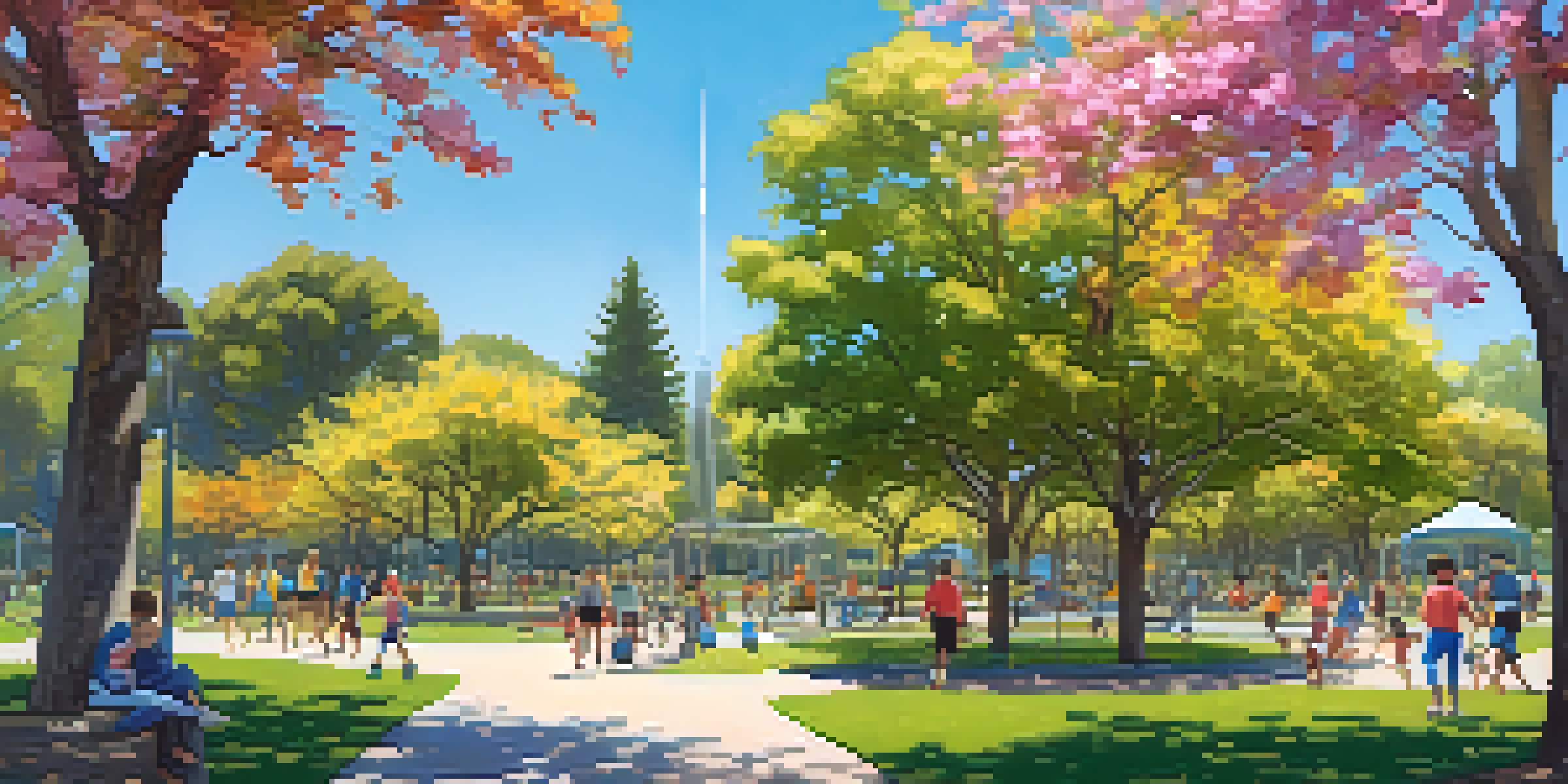 A lively community park in Cupertino with families, children playing, and beautiful landscaping.