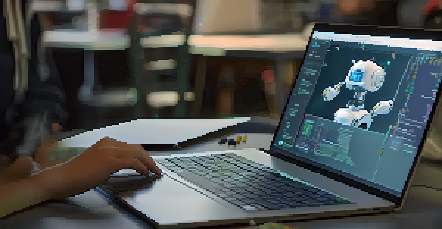 A student's hands programming a robot on a laptop, surrounded by tools and robot parts in a robotics club.
