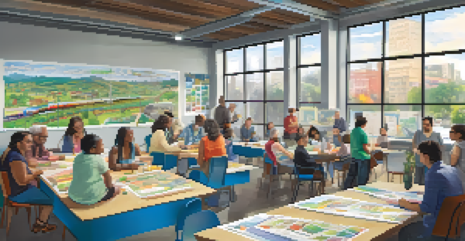 A community workshop where residents are discussing sustainable transportation ideas, surrounded by colorful posters and natural light.