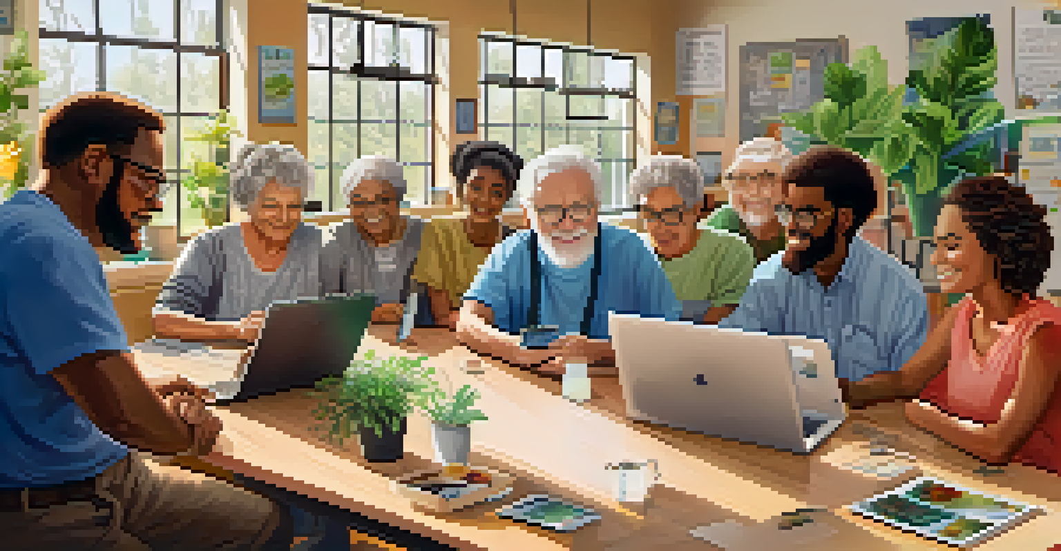 Seniors in a workshop learning about technology together, with an instructor and bright, inviting surroundings.