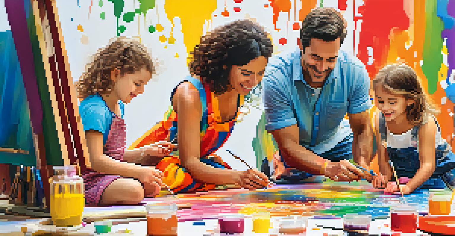 A family enjoying an interactive art workshop at an art festival, painting together on a large canvas surrounded by colorful decorations.