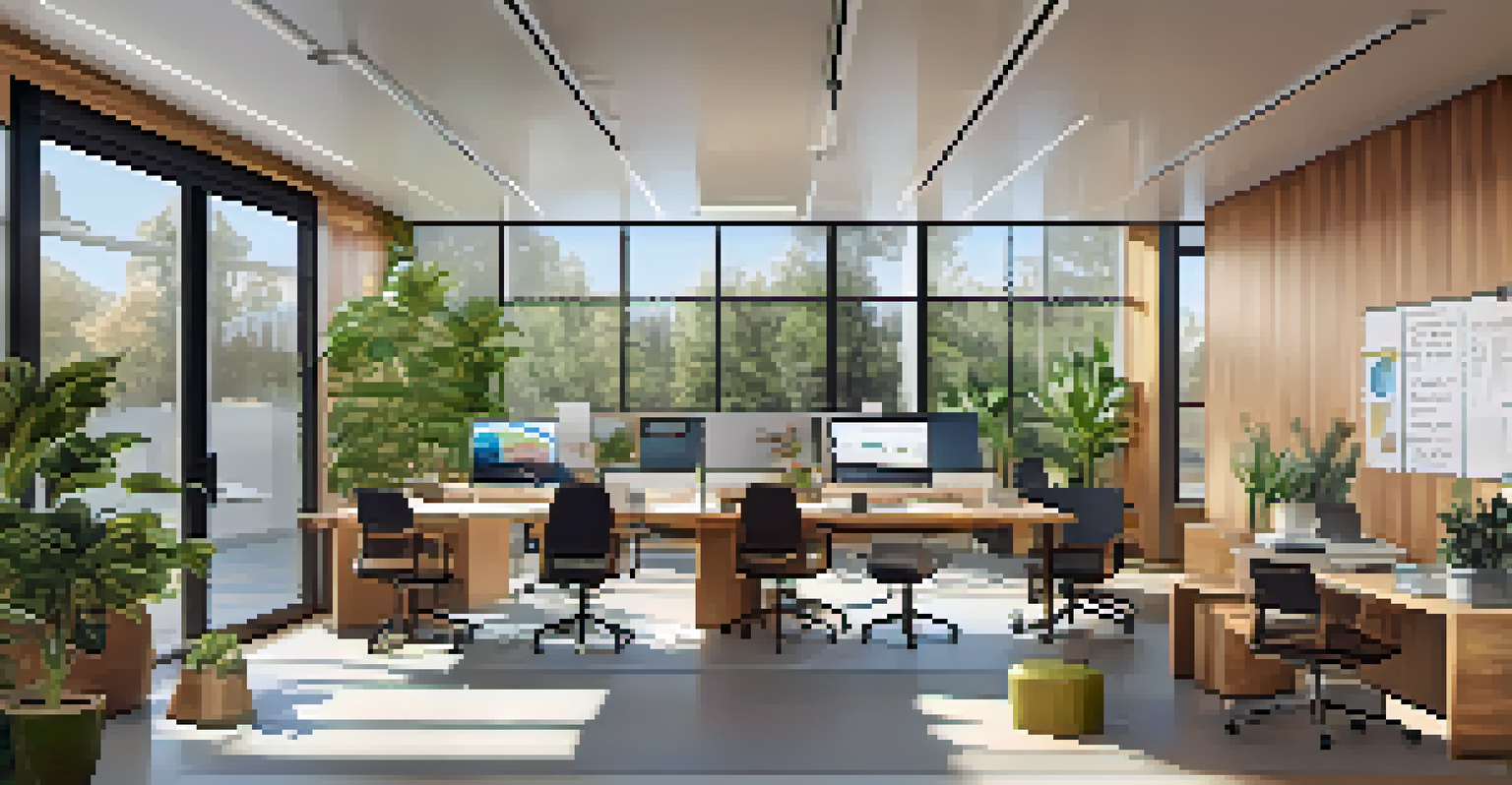 An open workspace in a tech startup office with a team brainstorming around a whiteboard, large windows, and modern furniture.