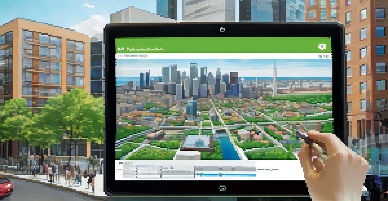 A digital tablet showing an interactive city planning application with a colorful map, set against a backdrop of a cityscape featuring modern buildings and greenery.