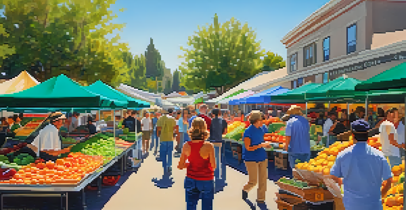 A lively farmer's market in Cupertino with local musicians performing, surrounded by colorful produce and families enjoying the atmosphere.