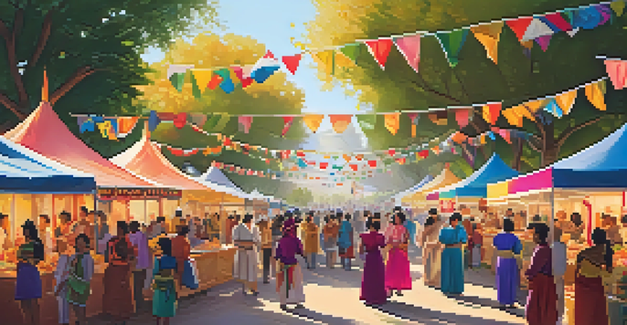 A lively cultural festival in Cupertino with people in traditional costumes, colorful decorations, and food stalls, illuminated by warm golden hour light.