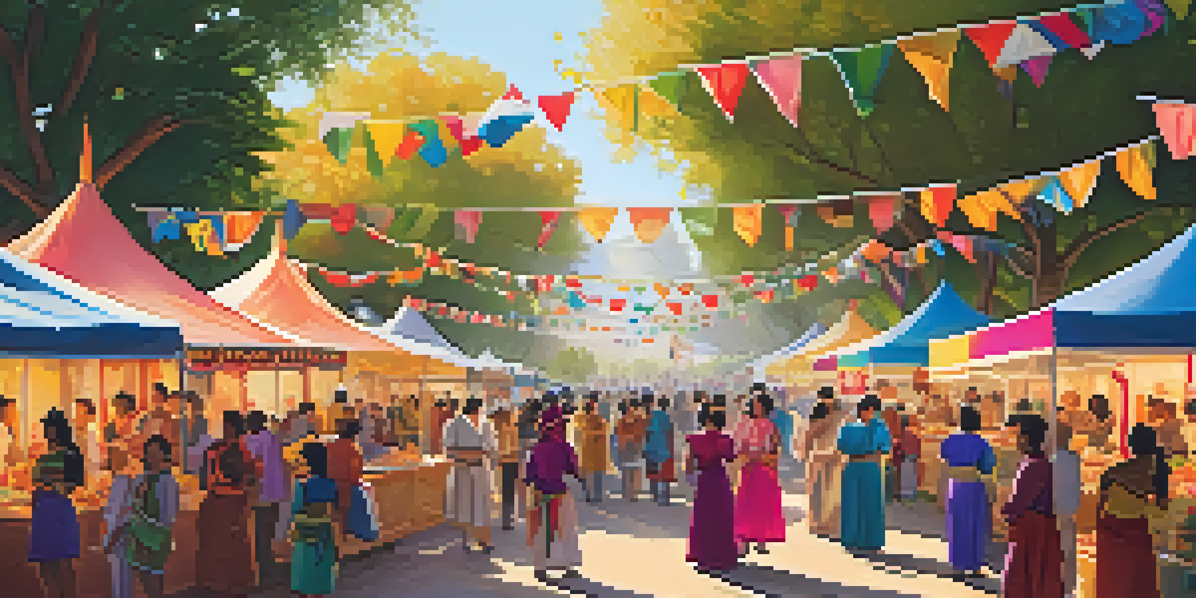 A lively cultural festival in Cupertino with people in traditional costumes, colorful decorations, and food stalls, illuminated by warm golden hour light.