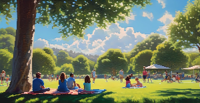 A family spending a sunny day at Cupertino Memorial Park, with children playing soccer and adults playing basketball, surrounded by greenery and picnic blankets.
