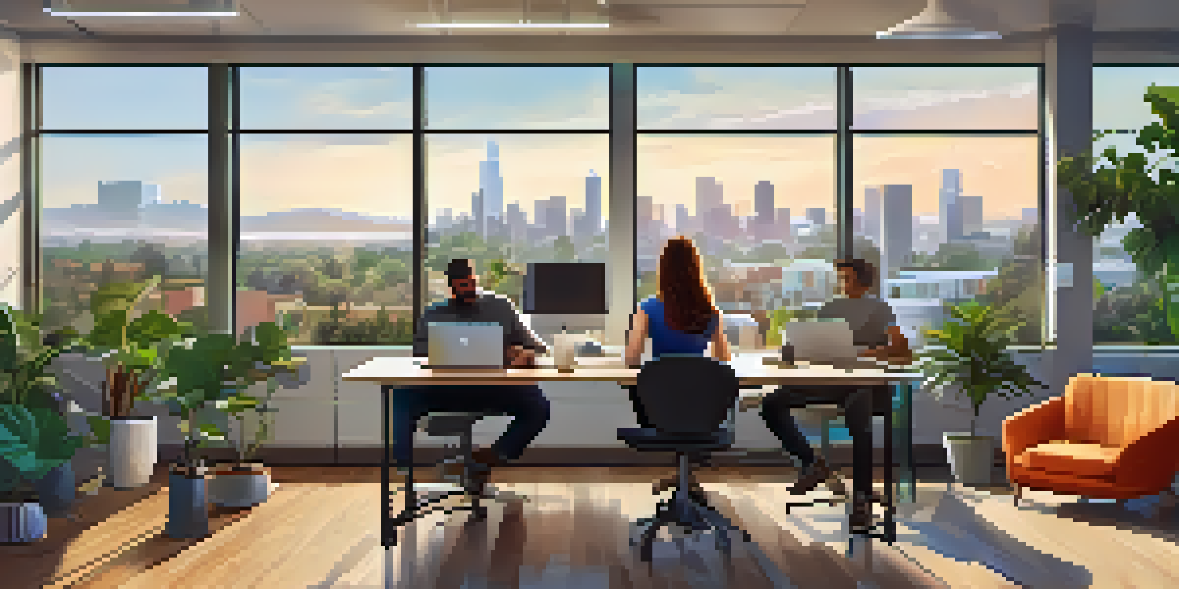A lively co-working space in Cupertino with diverse digital nomads collaborating over laptops and coffee, bright and modern interior.