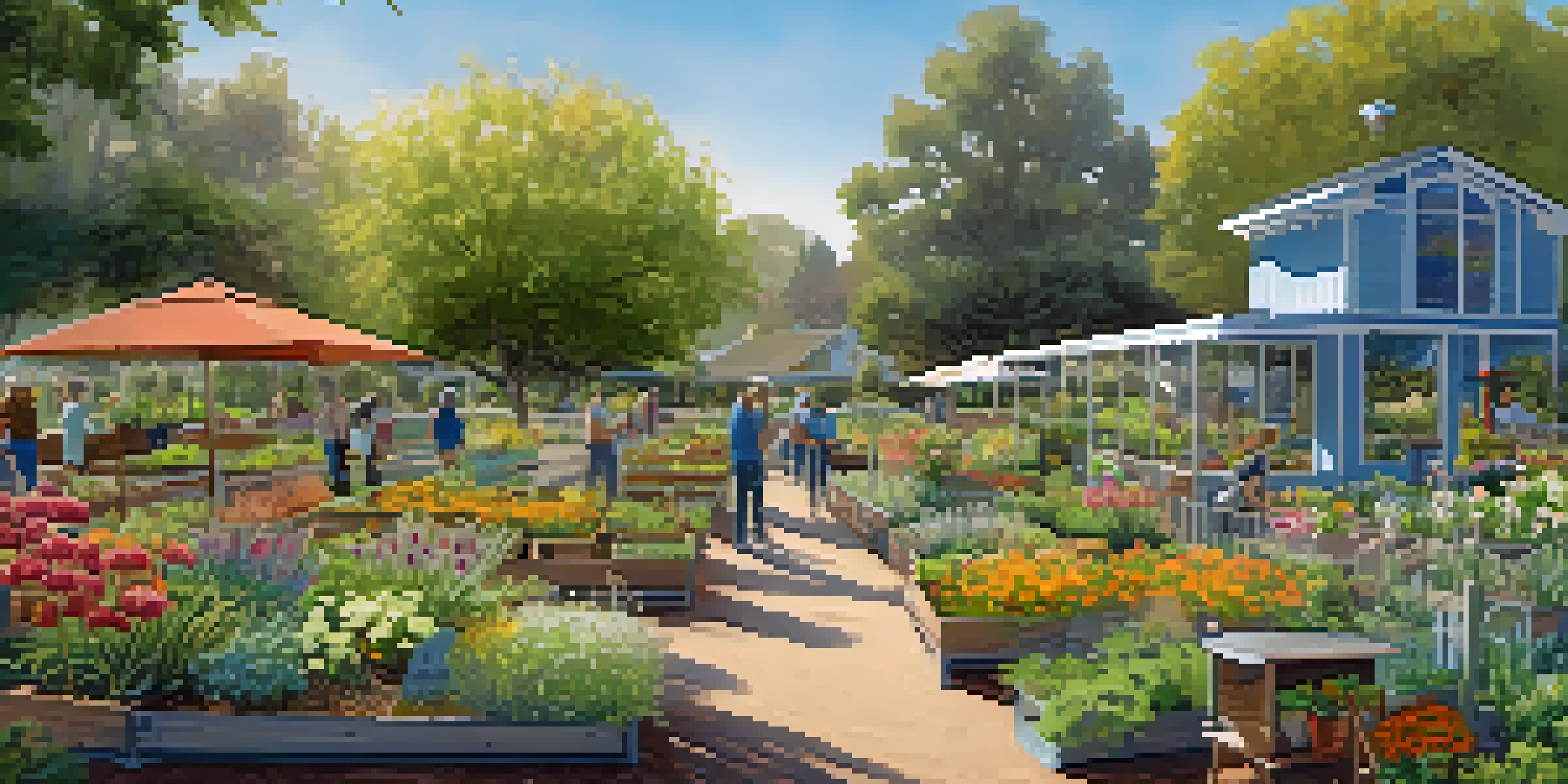 A community garden filled with native plants and flowers, with residents gardening under a clear blue sky.