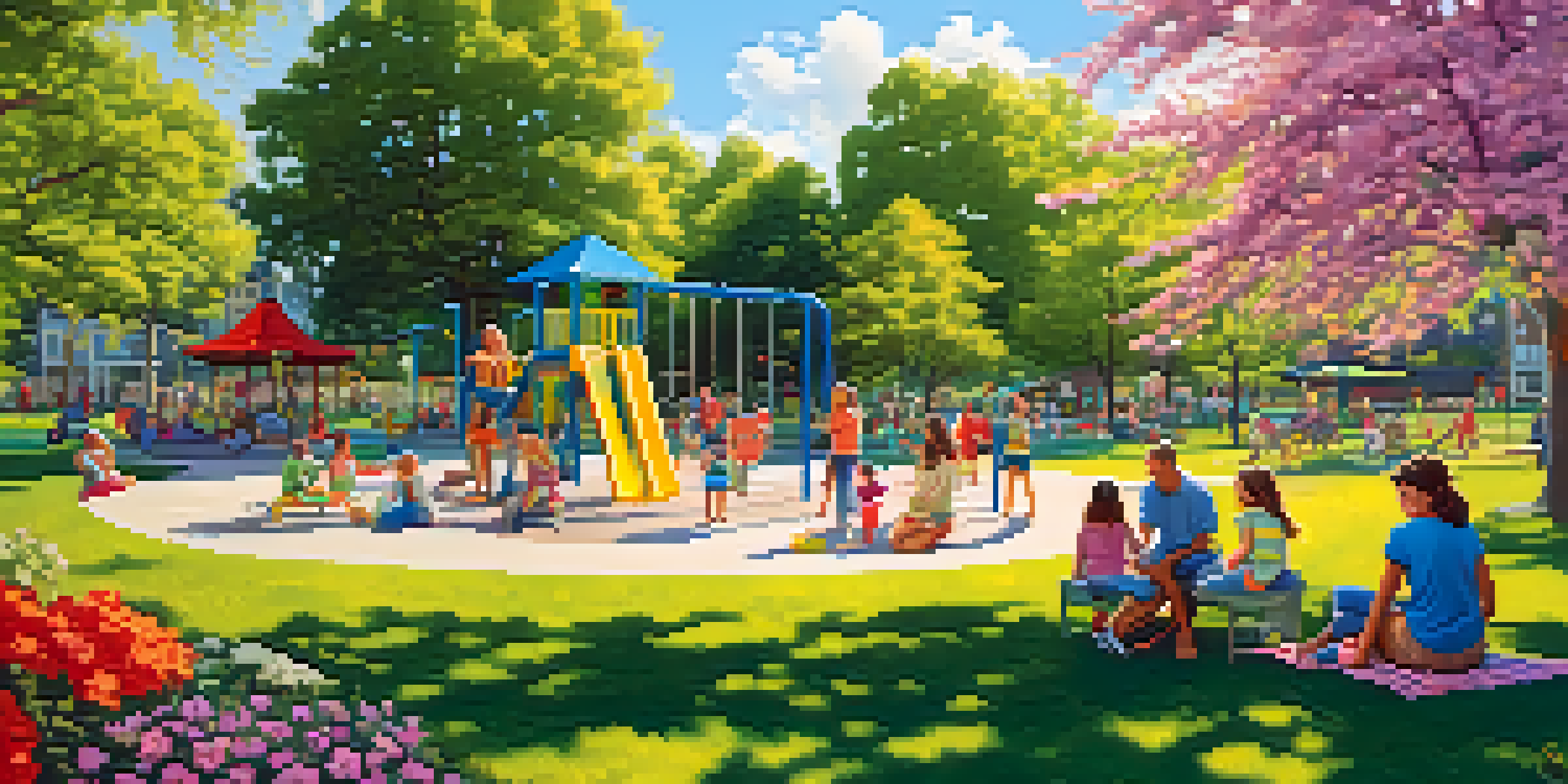 A lively public park with families having a picnic, children playing on playground equipment, and blooming flowers under a clear blue sky.