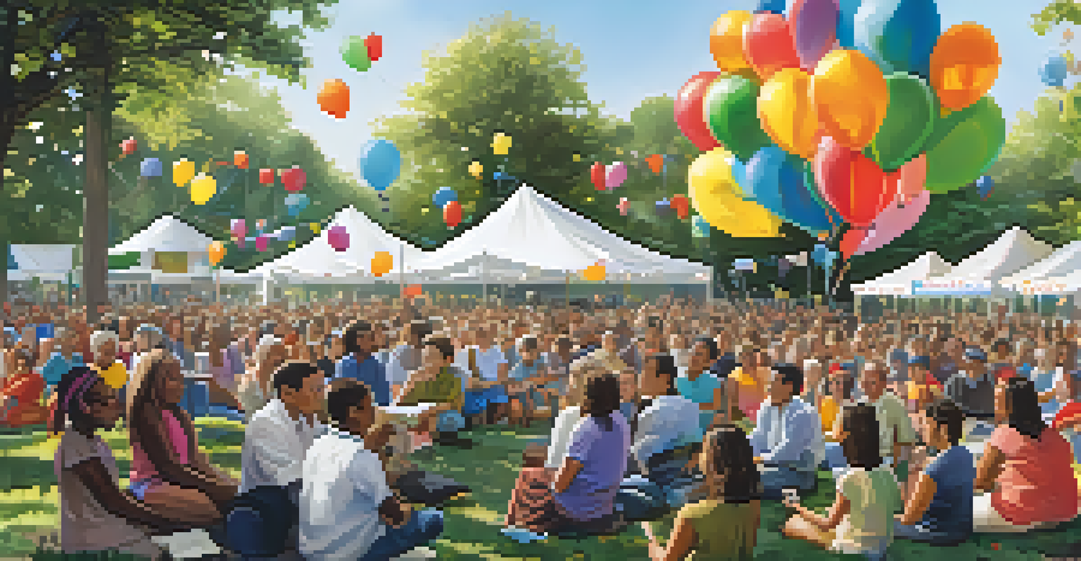 A community celebration in a park, with people sharing financial success stories, decorated with banners and balloons, creating a joyful atmosphere.