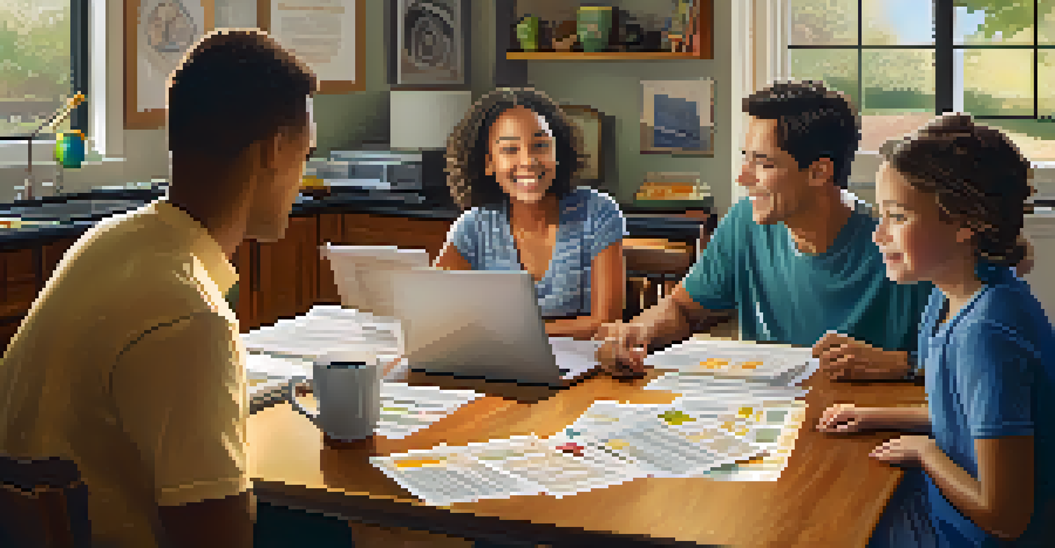 A family at a dining table looking at school enrollment documents and a laptop, discussing options with their excited child.