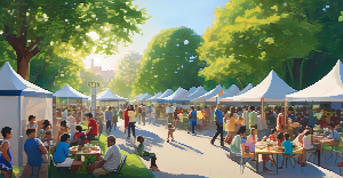 A busy park scene with families and children enjoying a sunny day, food stalls, and colorful decorations.