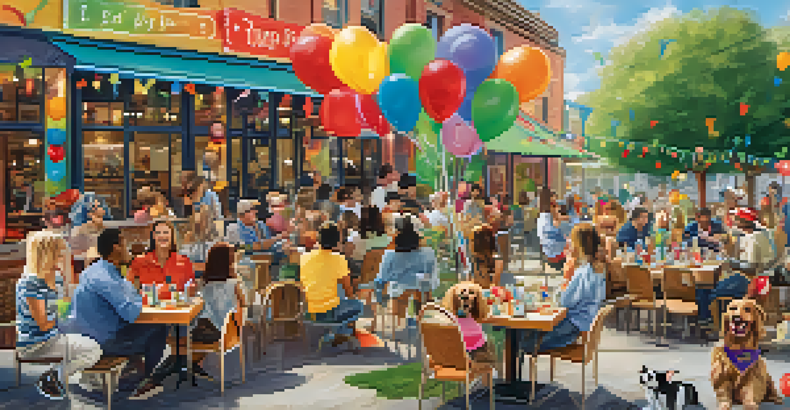 A lively pet-friendly cafe event with dogs in costumes, decorations, and people enjoying a community gathering.