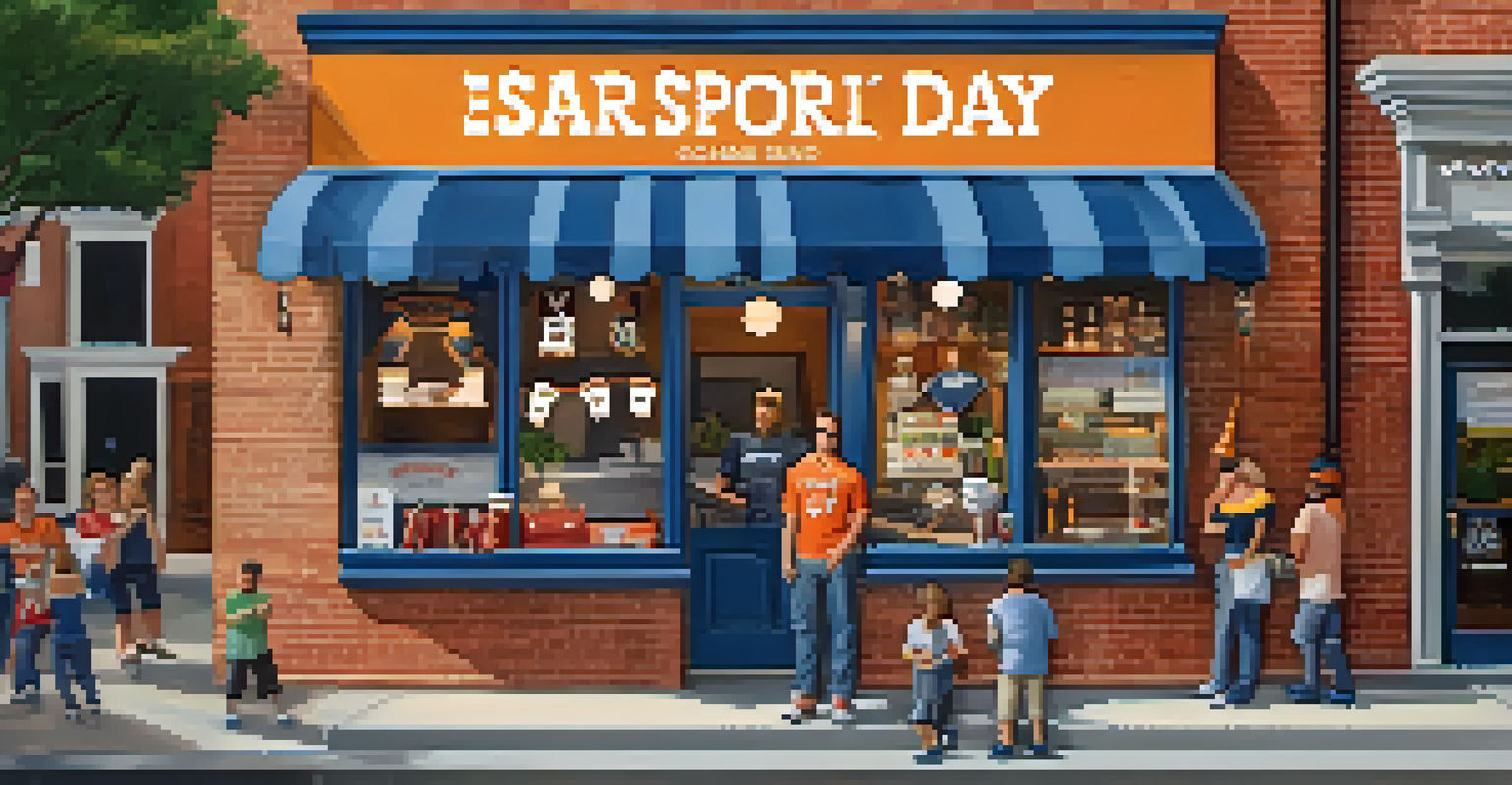 A small restaurant owner proudly displaying team merchandise and a busy atmosphere during game day.