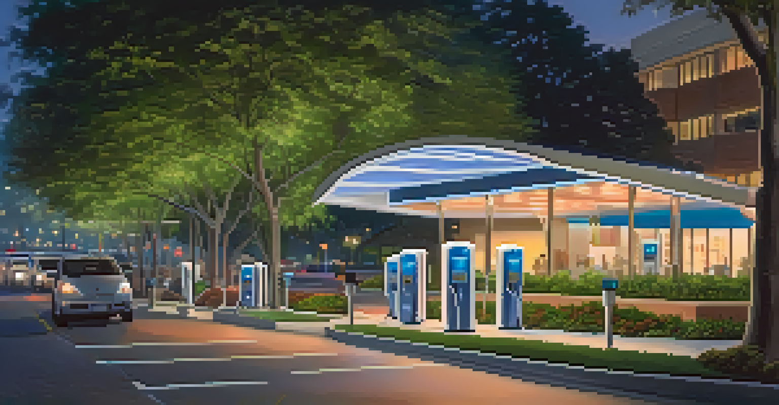 A dusk view of Cupertino with illuminated EV charging stations and electric vehicles, set against a modern city skyline.