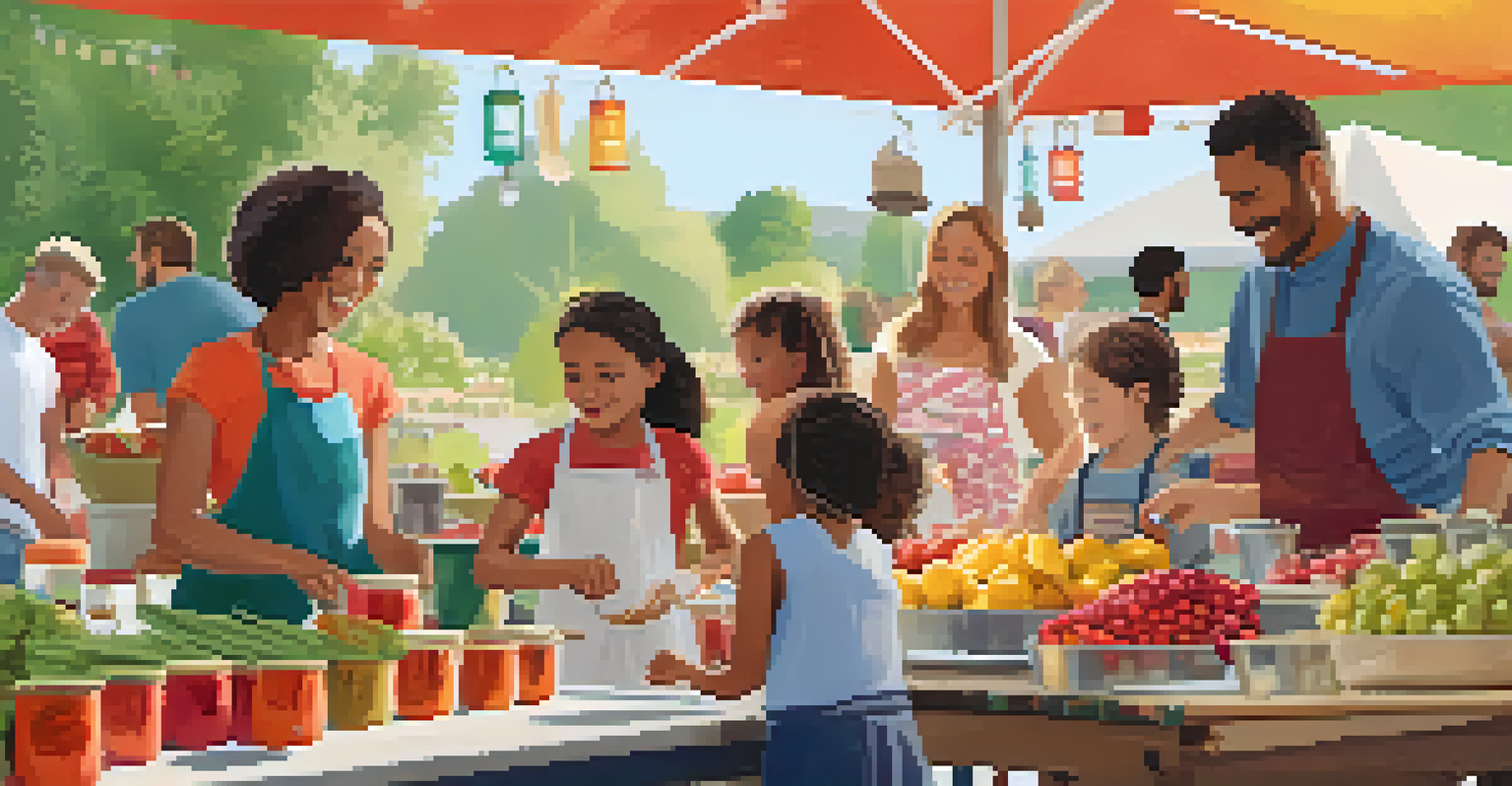A family engaging in a jam-making workshop at a farmers market, with colorful fruits and joyful expressions.