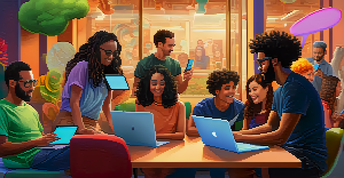 A diverse group of people engaging in an online discussion, surrounded by colorful speech bubbles and devices like laptops and smartphones.