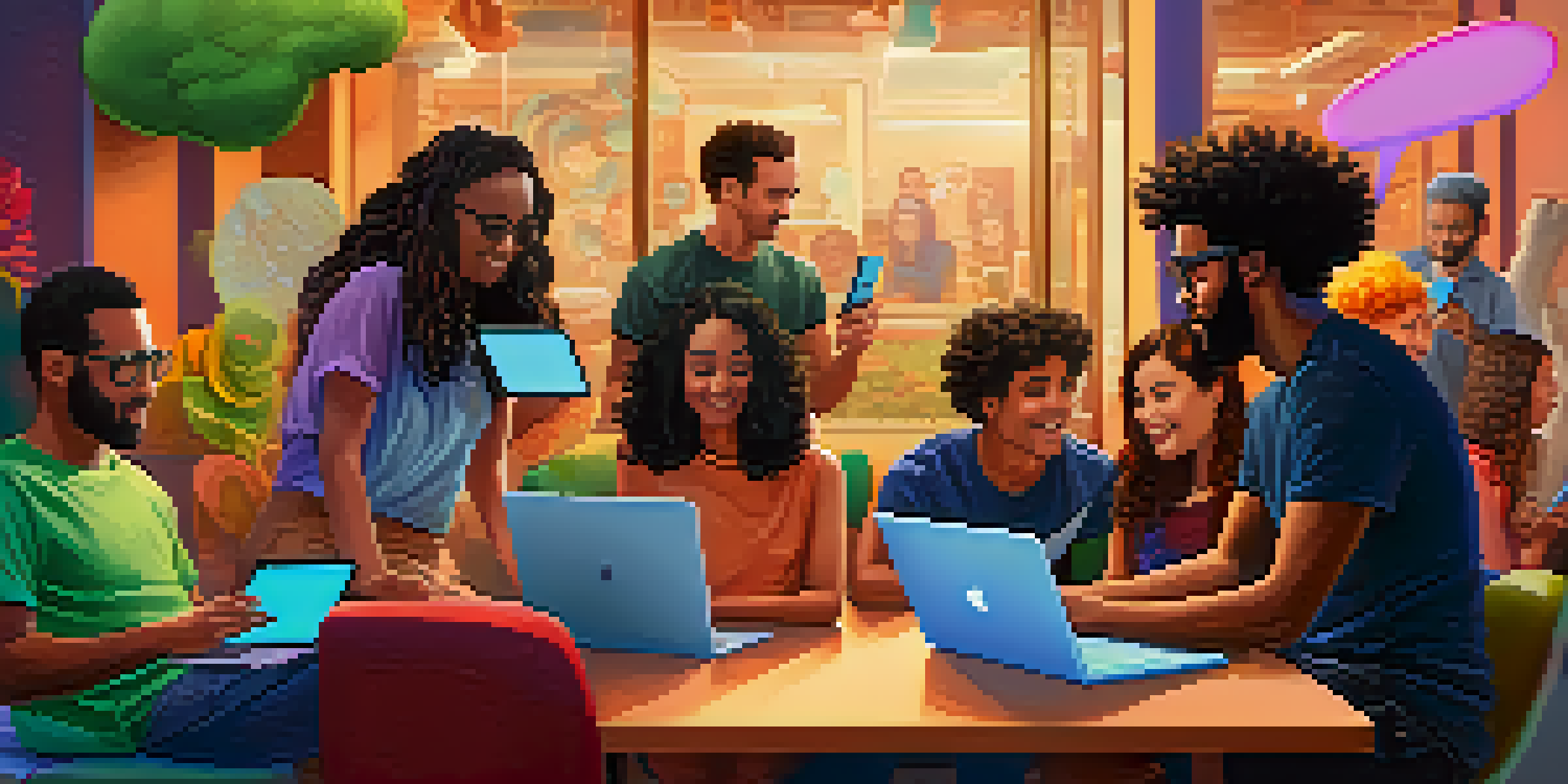 A diverse group of people engaging in an online discussion, surrounded by colorful speech bubbles and devices like laptops and smartphones.