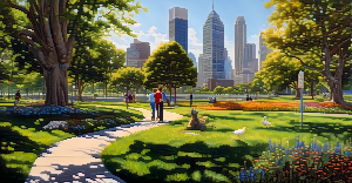 A lively urban park filled with colorful wildflowers, bees, and butterflies, with people walking on paths and city buildings in the background.