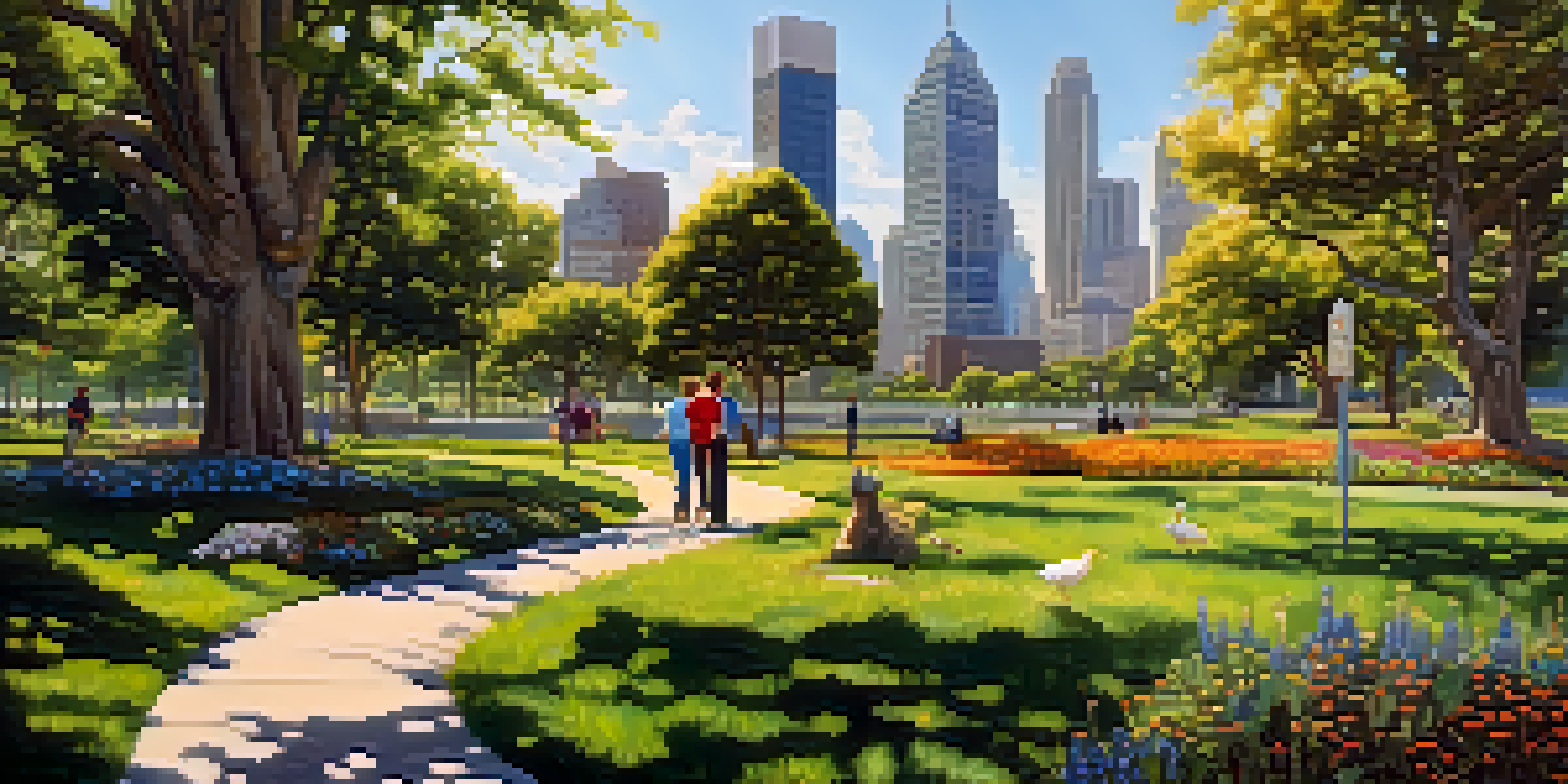 A lively urban park filled with colorful wildflowers, bees, and butterflies, with people walking on paths and city buildings in the background.