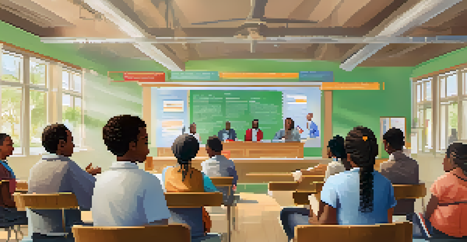 An educational workshop in a classroom where residents learn about local governance and engage with the material.
