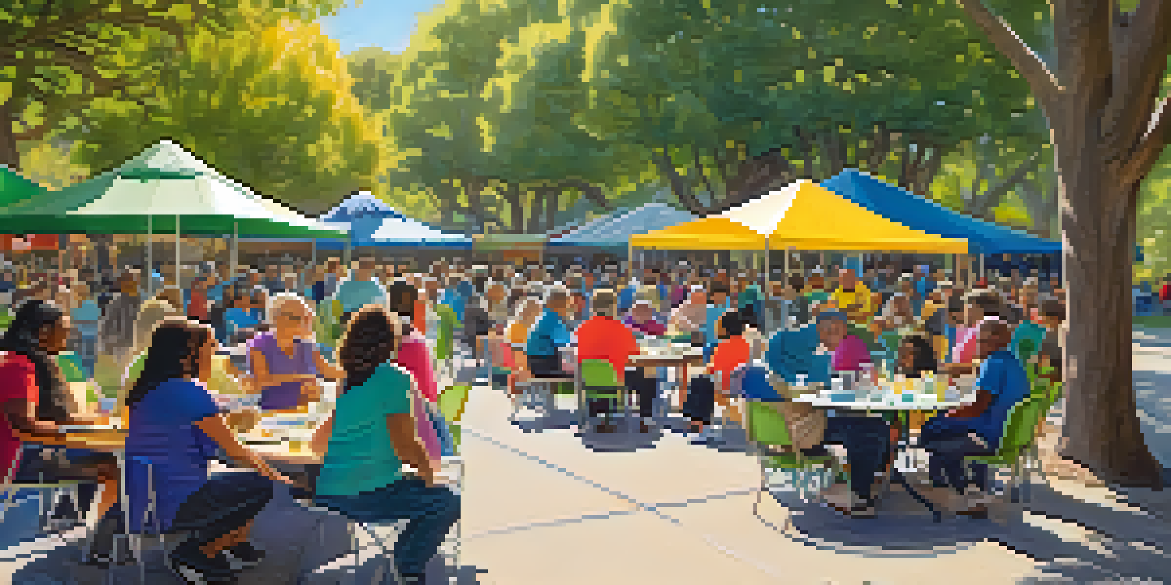 A group of diverse residents gathered in a park for a community meeting, enjoying refreshments and discussing local initiatives.
