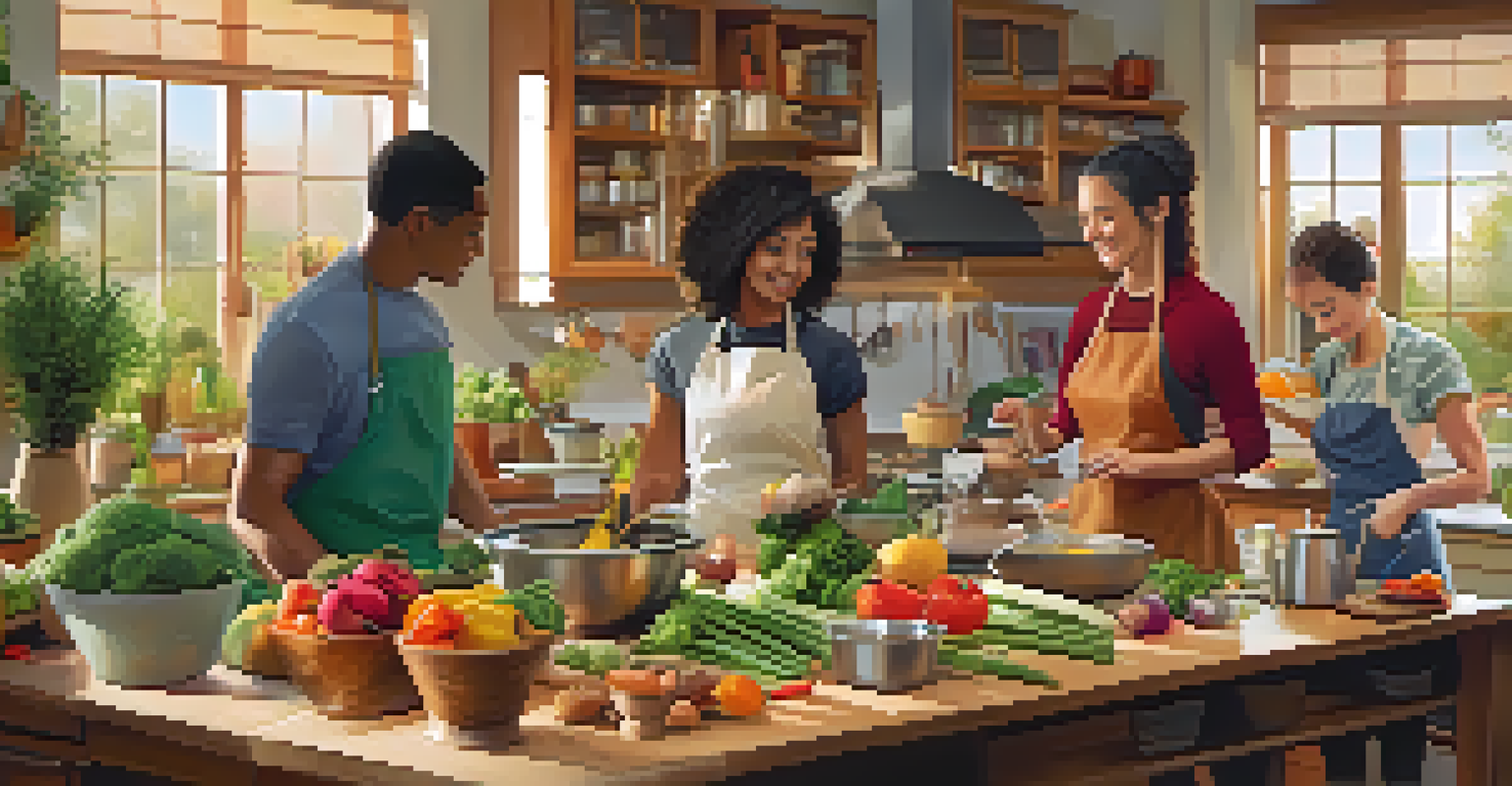 A cooking workshop in a welcoming kitchen, where participants are learning to prepare healthy meals with fresh ingredients.
