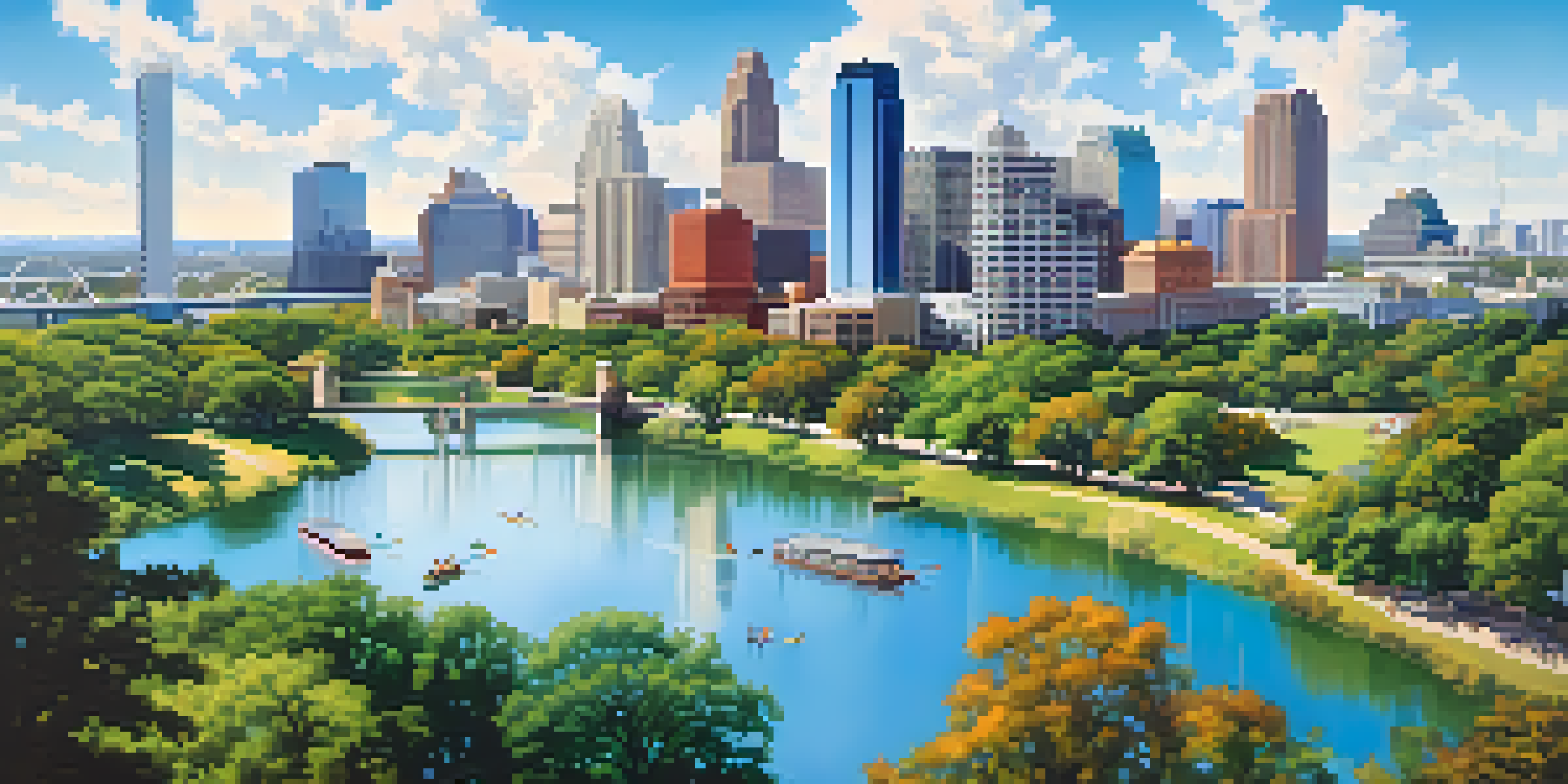 A panoramic view of Austin, Texas, featuring its skyline, green parks, and outdoor activities.