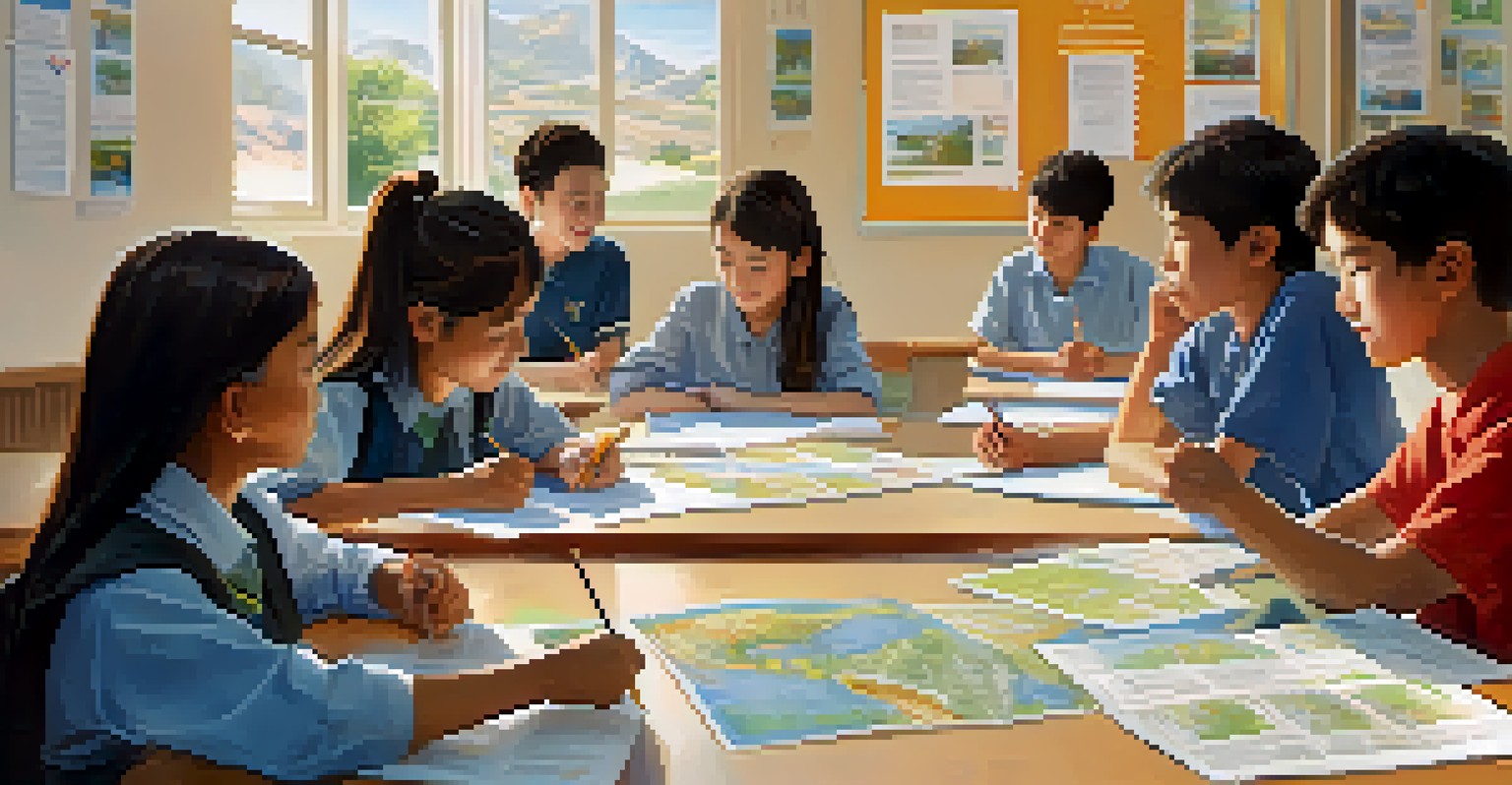 Students from different countries participating in a language exchange session in a bright classroom.