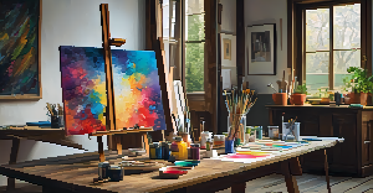 An artist's studio with natural light, showcasing a wooden easel, colorful abstract painting, and various art supplies.