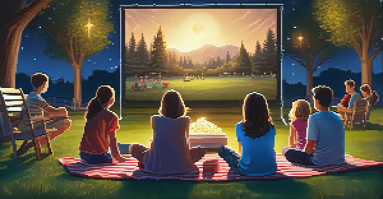 Families gathered on blankets watching a movie under the stars, surrounded by children playing and fairy lights in the trees.