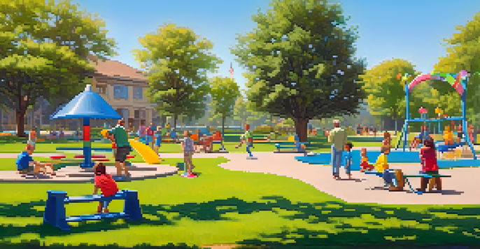 A family having fun at Cupertino Memorial Park, with children playing on playground equipment and adults relaxing on picnic blankets.