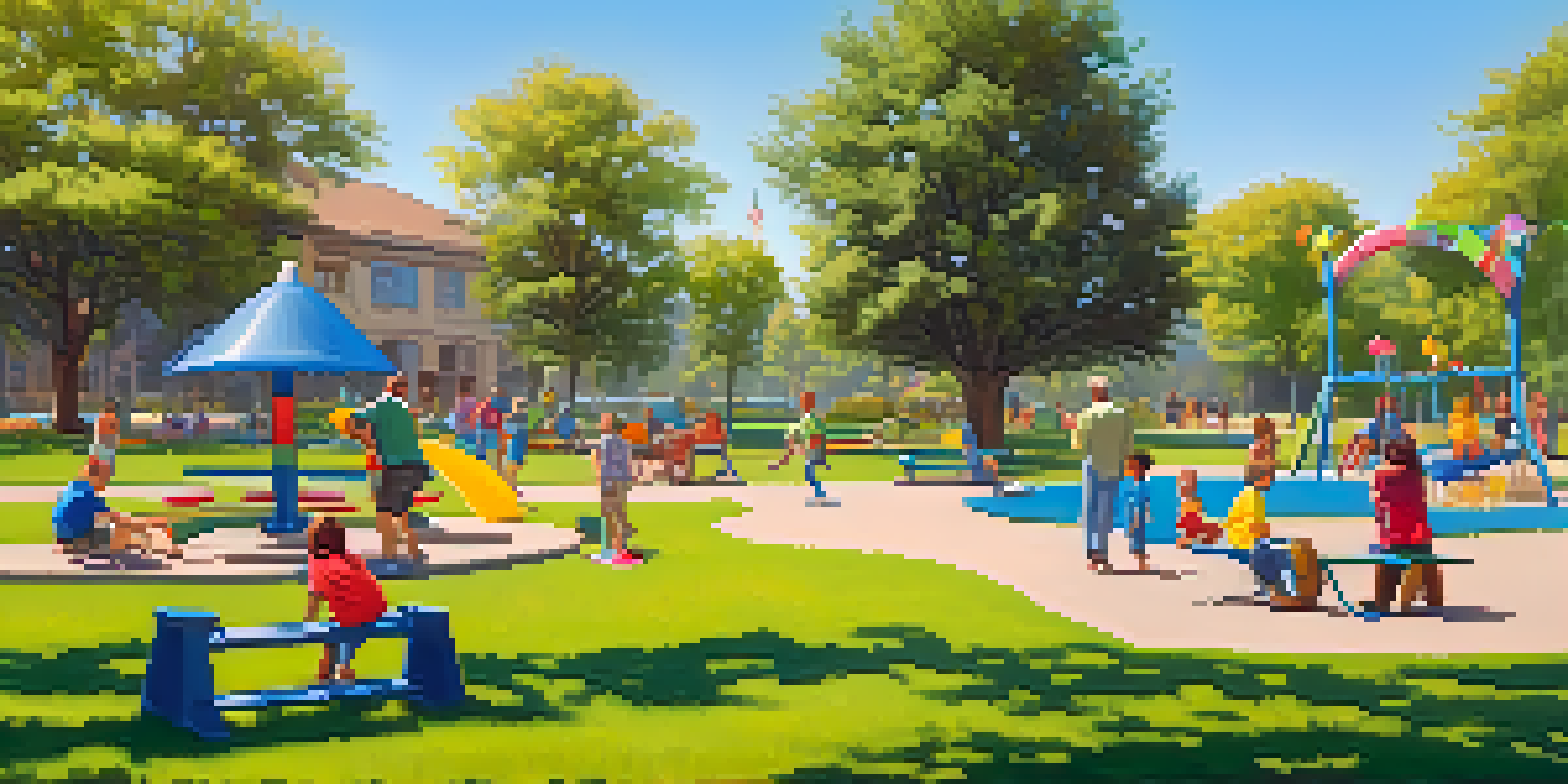 A family having fun at Cupertino Memorial Park, with children playing on playground equipment and adults relaxing on picnic blankets.