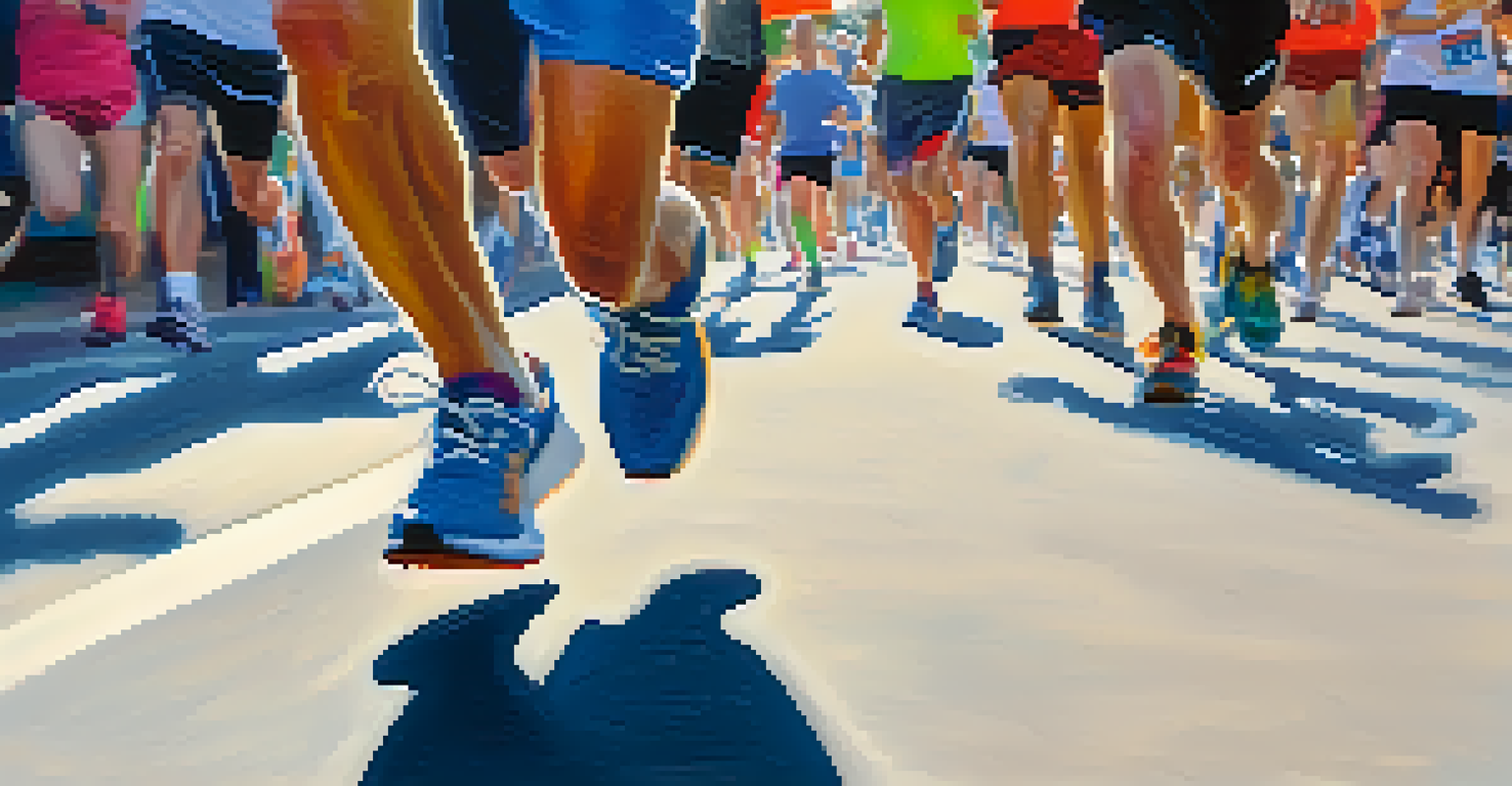 A close-up shot of a runner's feet in motion during a charity run, with a blurred background of cheering spectators and colorful flags, illuminated by sunlight.