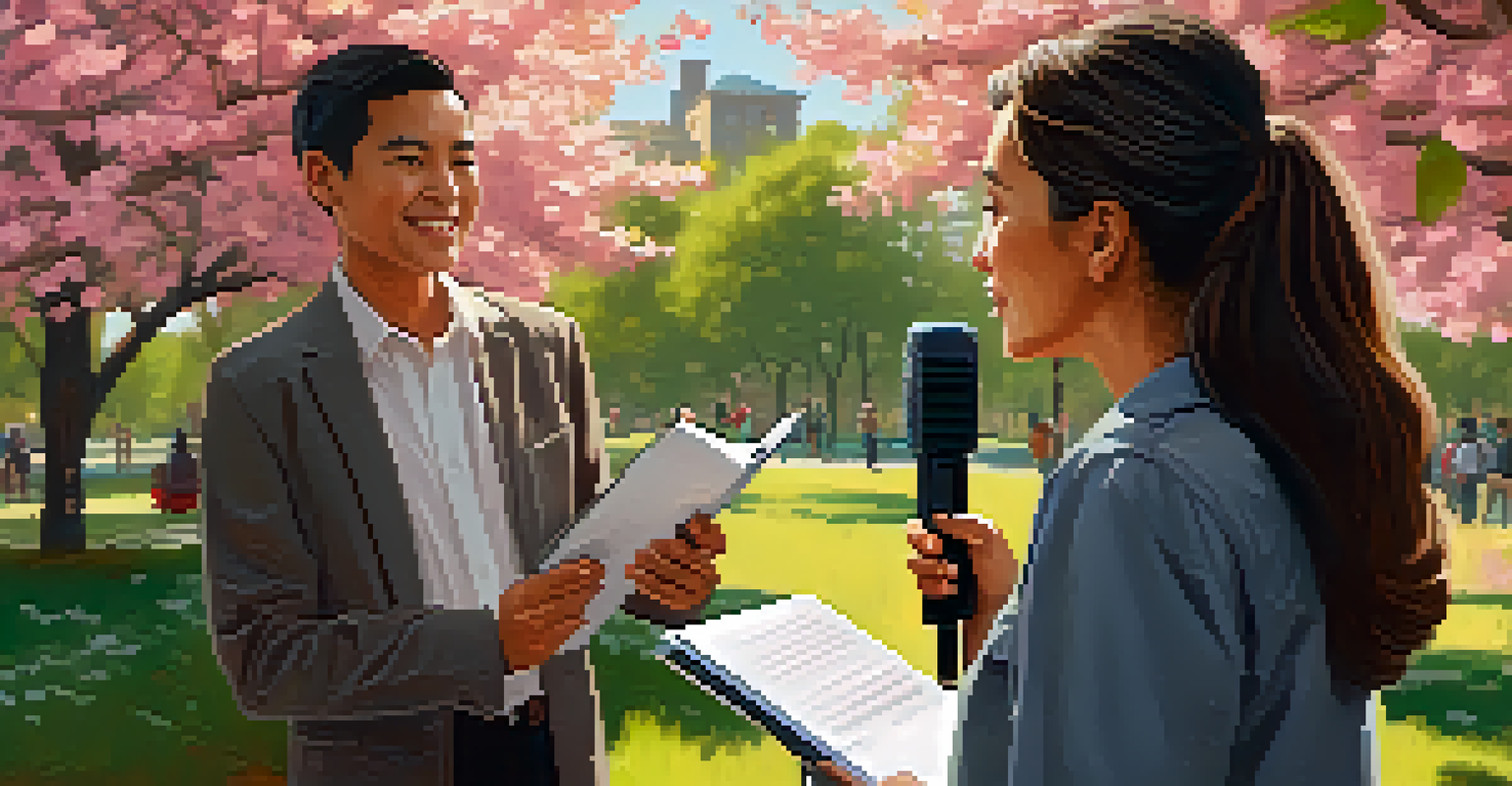 A local journalist interviewing a resident in a park, surrounded by blooming flowers, capturing a moment of civic engagement.