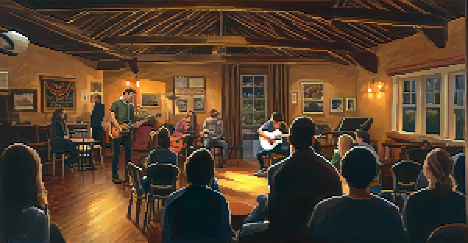 A solo musician performing in a cozy indoor venue with warm lighting and an attentive audience.