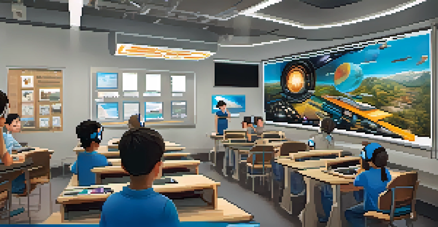 Students using virtual reality headsets in a modern classroom to explore history in an interactive way.