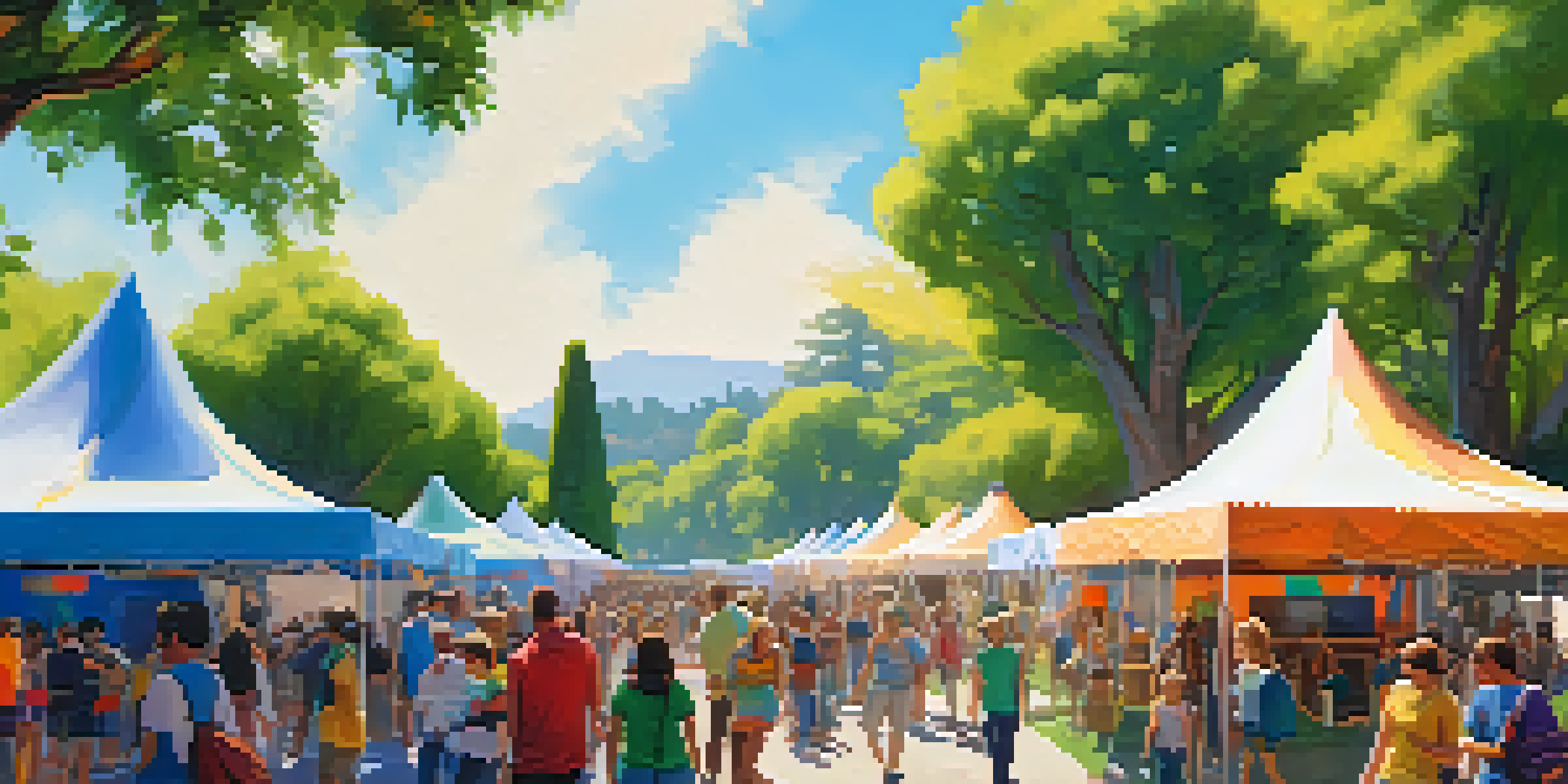 An outdoor digital arts festival featuring colorful tents and people interacting with digital art installations in a park setting.