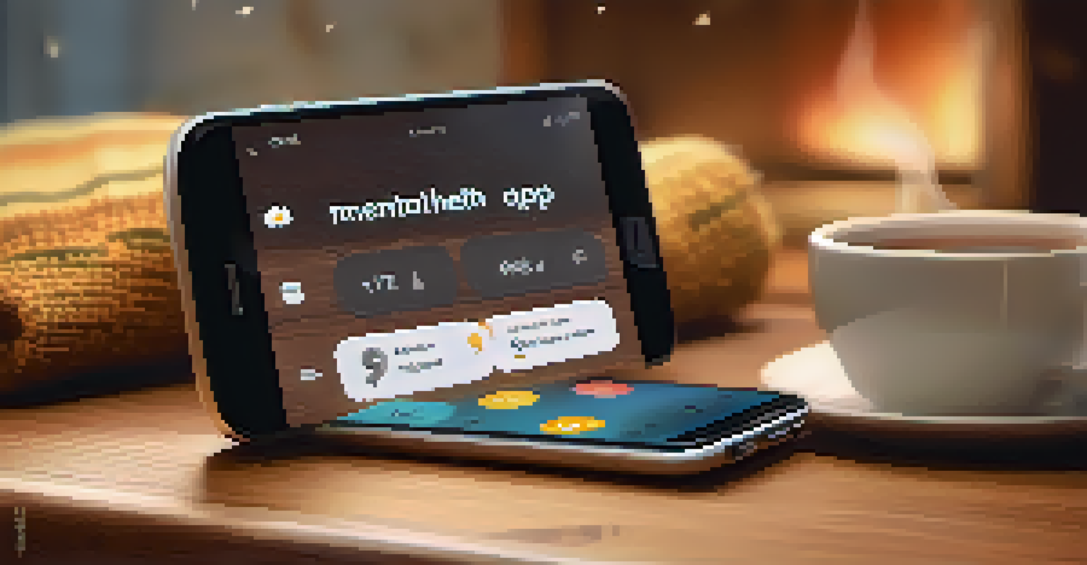 A smartphone showcasing a mental health app, accompanied by a cozy blanket and a cup of tea in a softly lit room.