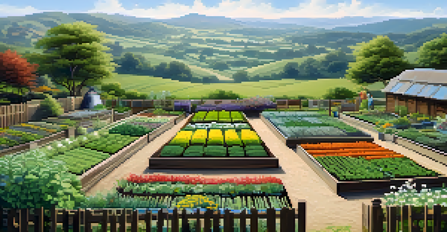 A well-organized garden layout with labeled sections for different plants, set against a scenic rural backdrop.