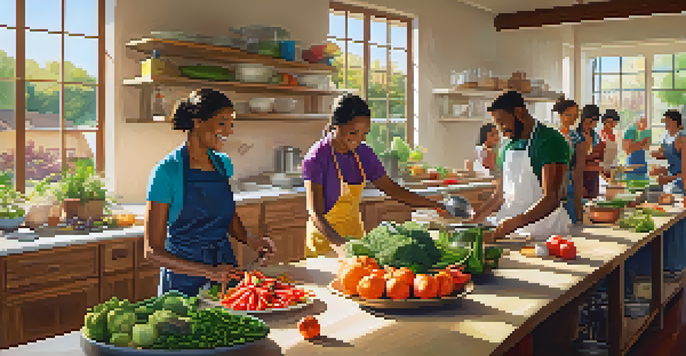 A lively cooking class in Cupertino with diverse residents preparing healthy dishes using fresh fruits and vegetables, illuminated by warm sunlight.