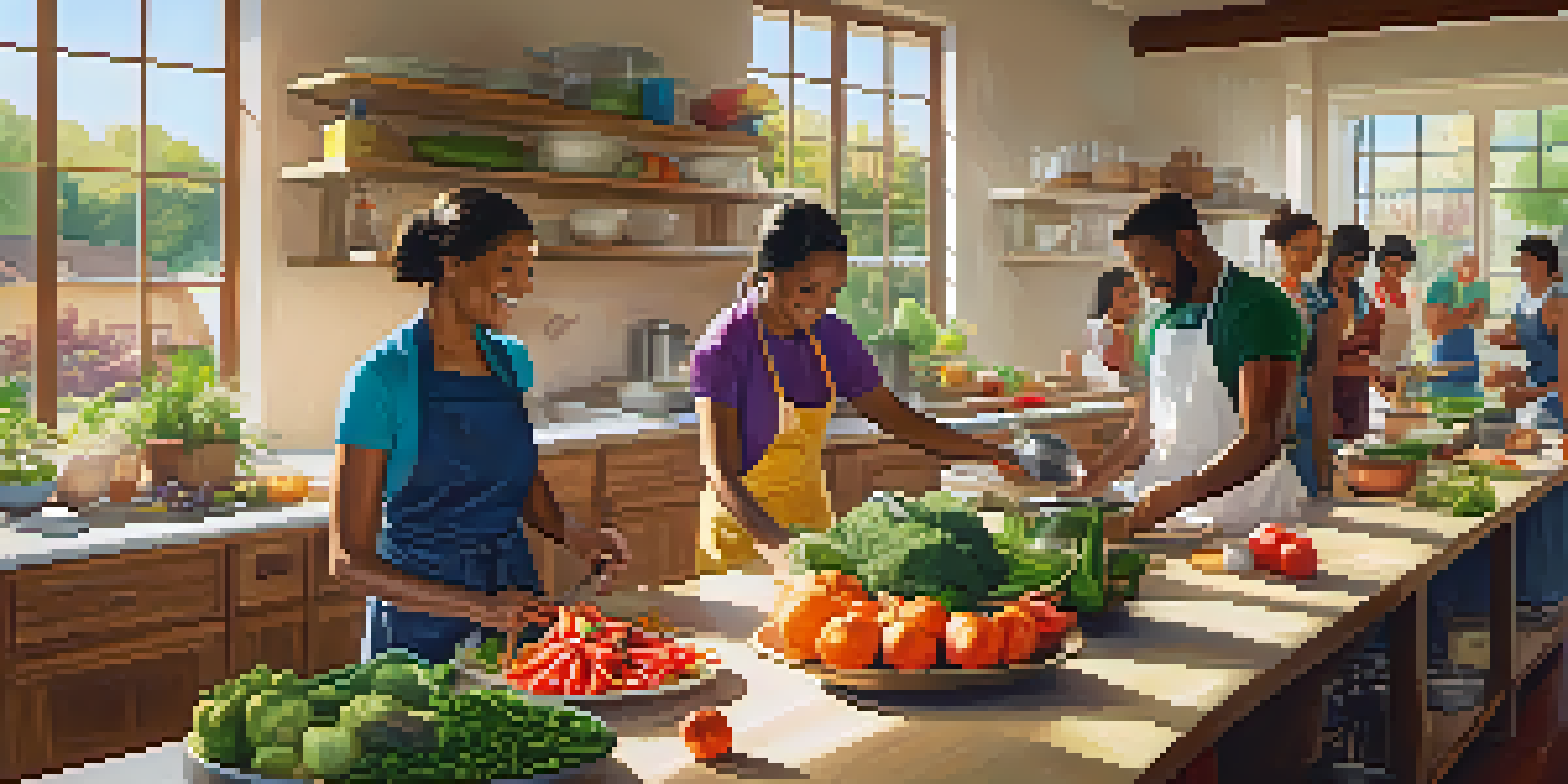 A lively cooking class in Cupertino with diverse residents preparing healthy dishes using fresh fruits and vegetables, illuminated by warm sunlight.