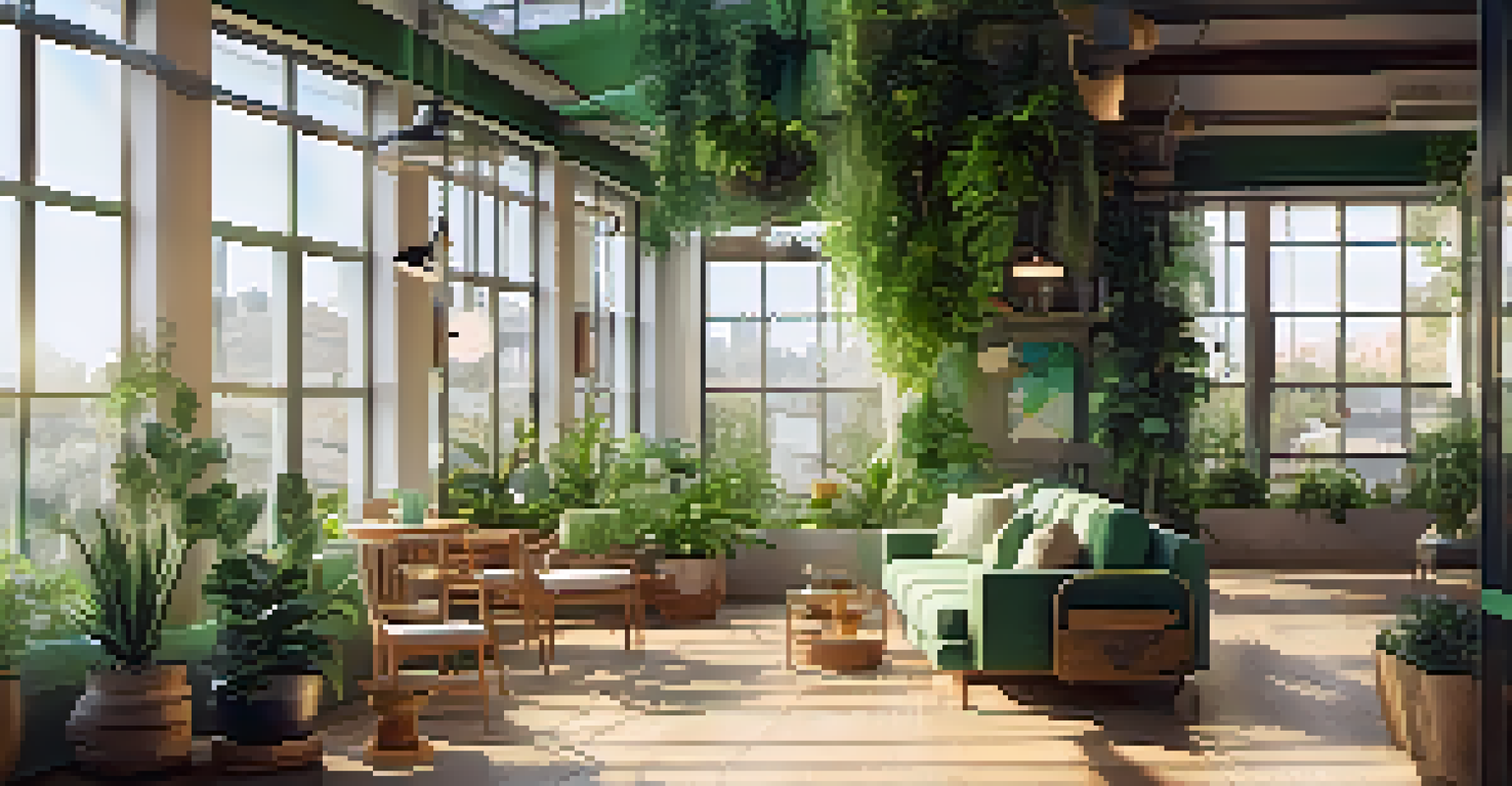 An interior view of a green building with natural lighting, plants, and sustainable furniture, creating a vibrant living space.