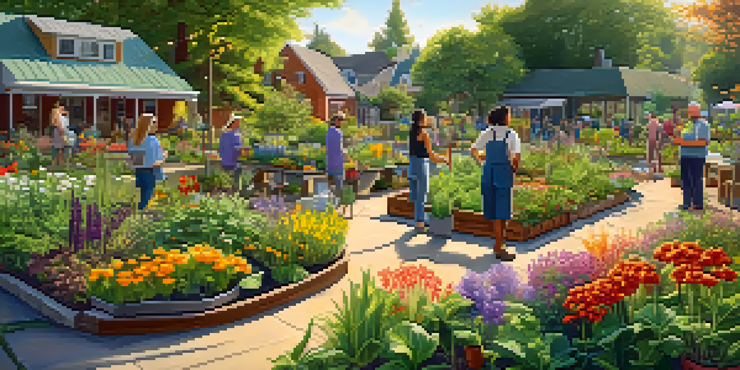 A lively community garden where people of different backgrounds are gardening together under a bright sun, surrounded by plants and flowers.