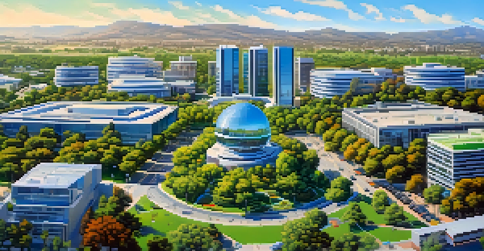 A panoramic view of Cupertino with modern tech buildings, green parks, and hills under a blue sky.
