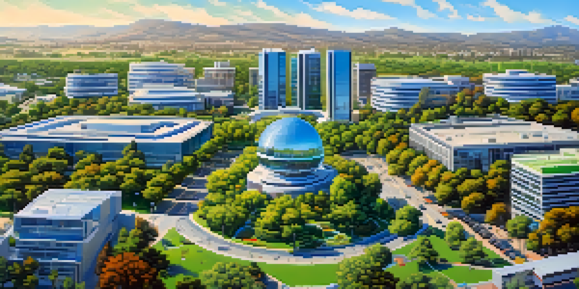 A panoramic view of Cupertino with modern tech buildings, green parks, and hills under a blue sky.
